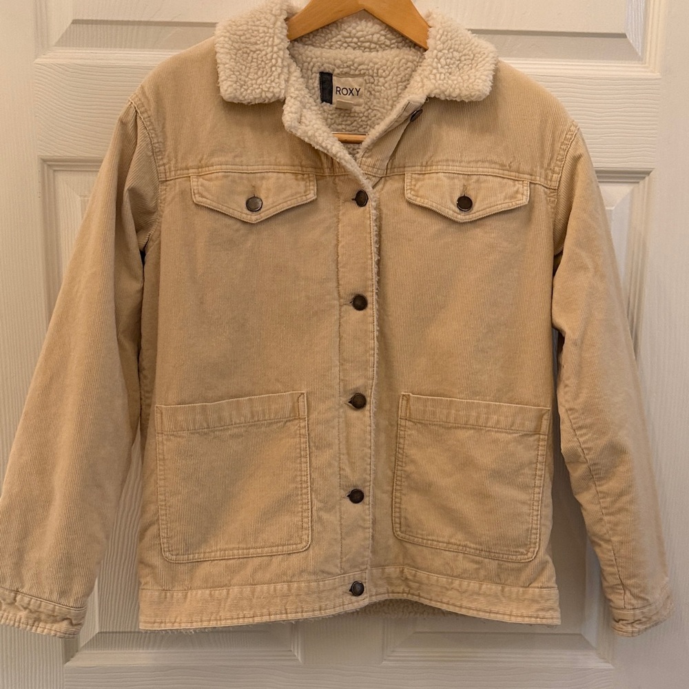 Roxy Beige Sherpa lined Trucker jacket coat Collar Jacket EUC